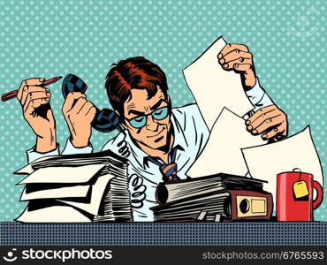 Businessman working on papers. A man sits at a Desk and looking at the reports