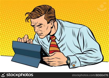 Businessman working on tablet, pop art retro vector illustration. Gadgets and the Internet