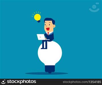 Businessman working on the bulb with idea, Concept business finance and industry, Freelance, Thinking, Computer and Technology.
