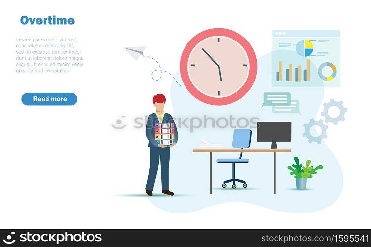 Businessman working overtime analysing business strategy and solution at office, with late time and business icons background. Idea for time management and overtime working concept. 