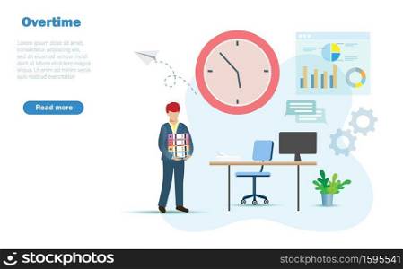 Businessman working overtime analysing business strategy and solution at office, with late time and business icons background. Idea for time management and overtime working concept. 