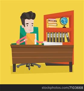 Businessman working with documents in office. Businessman sitting at the table and holding a folder with papers. Paperwork concept. Vector flat design illustration. Square layout.. Businessman working with documents.