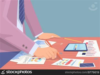 Businessman working with documents sitting at table signs contract with business partners. Male hands busy with paper and financial chart and graph, take note on notepad check report with statistics. Businessman working with documents sitting at table signs contract with business partners