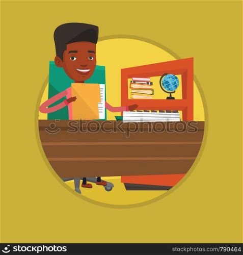 Businessman working with papers in office. Businessman sitting at the table and holding a folder with papers. Paperwork concept. Vector flat design illustration in the circle isolated on background.. Businessman working with documents.