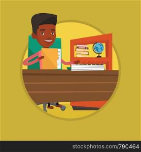 Businessman working with papers in office. Businessman sitting at the table and holding a folder with papers. Paperwork concept. Vector flat design illustration in the circle isolated on background.. Businessman working with documents.