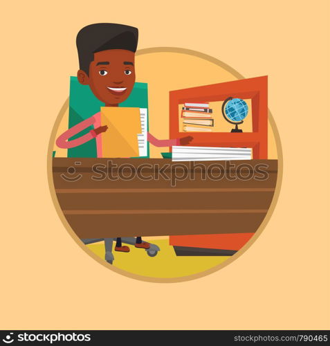 Businessman working with papers in office. Businessman sitting at the table and holding a folder with papers. Paperwork concept. Vector flat design illustration in the circle isolated on background.. Businessman working with documents.