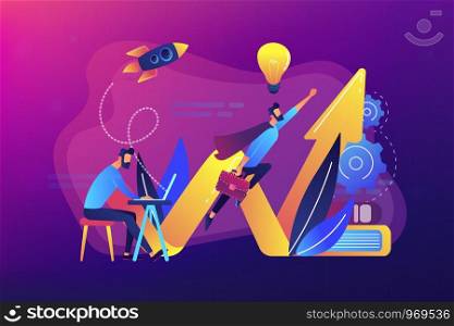 Businessman works and flies like superhero with briefcase. Start up launch, start up venture and entrepreneurship concept on ultraviolet background. Bright vibrant violet vector isolated illustration. Start up launch concept vector illustration.