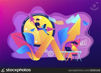 Businessman works on clock hand, businesswoman with laptop. Productivity, efficiency of production, qualification concept on ultraviolet background. Bright vibrant violet vector isolated illustration. Productivity concept vector illustration.