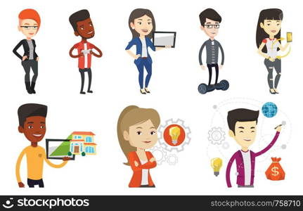 Businessman writing on virtual screen. Businessman drawing a cloud computing diagram on a virtual screen. Cloud computing concept. Set of vector flat design illustrations isolated on white background.. Vector set of people using modern technologies.