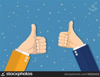 Businessmans hands hold thumbs up. vector illustration in flat design. Financials, work motivation. Businessmans hands hold thumbs up.