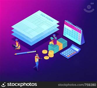 Businessmen and accountant filling and calculating financial document form. Tax form, income tax return, company tax payment concept. Ultraviolet neon vector isometric 3D illustration.. Tax form isometric 3D concept illustration.