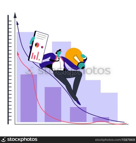 Businessmen and business plan, success graphic office folders vector. Light bulb and smartphone, entrepreneur sliding on arrow. Professional competition, chart and career growth or promotion. Graphic or business plan, businessman with idea and smartphone, isolated icon