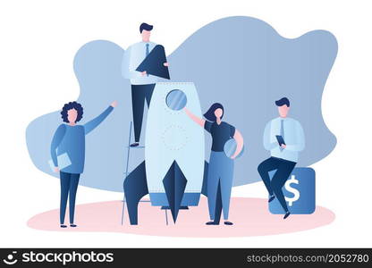 Businessmen and businesswomen building new start up,human teamwork and modern spaceship,business characters in trendy style, vector illustration