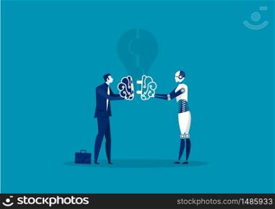 Businessmen and robot connect brain idea. Vector illustration