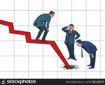 Businessmen and the problem of bankruptcy. The chart goes down and broke the floor. Pop art retro vector illustration kitsch vintage 50s 60s style. Businessmen and the problem of bankruptcy. The chart goes down and broke the floor