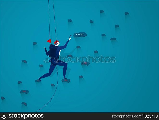 Businessmen are climbing up a mountain with a rope to forward success. . illustration vector.