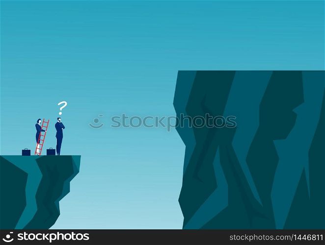 Businessmen are competing across the cliff to the goal opposite the stair red go to success goal. to overcome obstacle concept