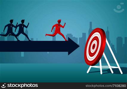 Businessmen are competing running against each other on the arrow to the red circle target. business finance success. leadership. startup. illustration cartoon vector