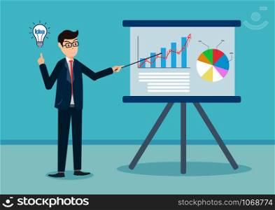 Businessmen are presenting a report infographics on the office chart board. Vector illustration