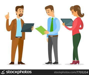 Businessmen are standing with folders and clipboards in their hands and talking, woman looking at the screen of tablet. Office workers discussing. Business meeting and consideration of working issues. Office workers characters discussing matters. Business meeting and consideration of working issues