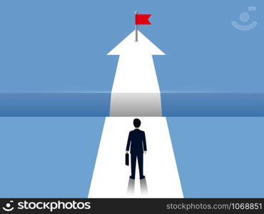 Businessmen are walking on white arrows with gap between paths in front. go to the goal of success on the opposite. business finance concept. creative idea. illustration vector.