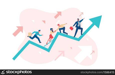 Businessmen are working their way up the sales schedule. Teamwork metaphor. Business opportunity concept. Flat vector illustration