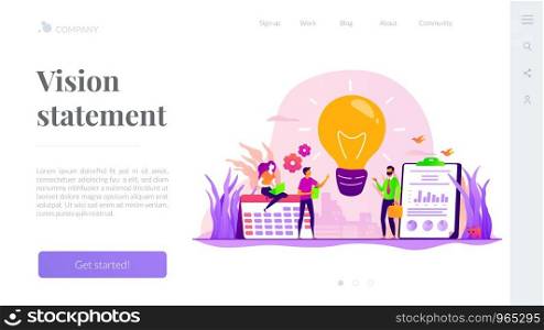 Businessmen brainstorming, searching solution. Business strategy. Vision statement, business mission, company mission, business planning concept. Website homepage header landing web page template.. Vision statement landing page template