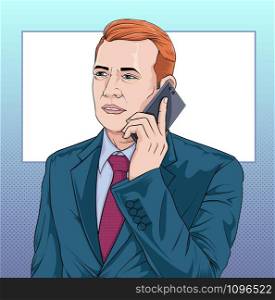 Businessmen Business people talk on the phone Illustration vector On pop art comics style Board background