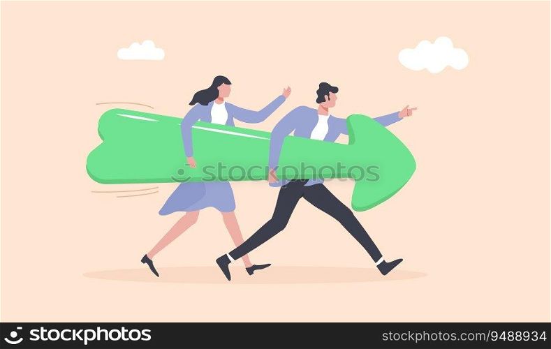 Businessmen, Businesswomen with big arrow run. Move forward for success future. Arrow direction for life, business. Way to success. Determination or courage, career path.. Businessmen, Businesswomen with big arrow run. Move forward for success future. Arrow direction for life, business.