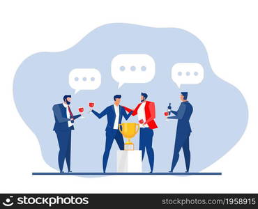 Businessmen celebrate success with gold trophy cup, successful people group. Vector concept