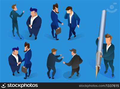 Businessmen Characters Set Isolated on Blue Background. Business Men in Formal Costumes Shaking Hands, Communication, Signing Documents, Discussing Project. 3D Isometric Cartoon Vector Illustration. Businessmen Characters Set on Blue Background.