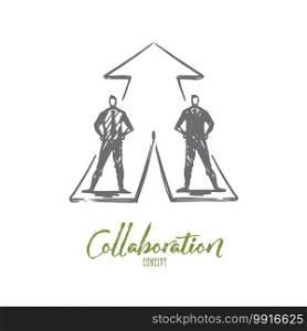 Businessmen, collaboration, strategy, cooperation concept. Hand drawn two businessmen on one way concept sketch. Isolated vector illustration.. Businessmen, collaboration, strategy, cooperation concept. Hand drawn isolated vector.