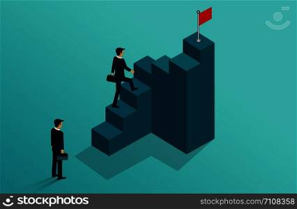 Businessmen competing go to target red flag on the staircase. business finance success. leadership. startup. illustration cartoon vector isolated on blue background