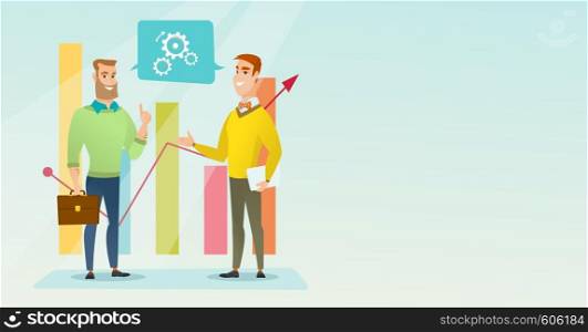 Businessmen discussing market analysis on background of financial graph. Men talking about situation on market. Marketers analyzing statistical data. Vector flat design illustration. Horizontal layout. Businessmen discussing market analysis.