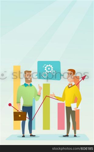 Businessmen discussing market analysis on background of financial graph. Men talking about situation on market. Marketers analyzing statistical data. Vector flat design illustration. Vertical layout.. Businessmen discussing market analysis.