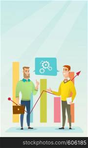 Businessmen discussing market analysis on background of financial graph. Men talking about situation on market. Marketers analyzing statistical data. Vector flat design illustration. Vertical layout.. Businessmen discussing market analysis.