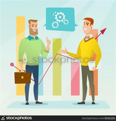 Businessmen discussing market analysis on background of financial graph. Men talking about situation on market. Marketers analyzing statistical data. Vector flat design illustration. Square layout.. Businessmen discussing market analysis.
