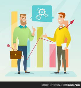 Businessmen discussing market analysis on background of financial graph. Men talking about situation on market. Marketers analyzing statistical data. Vector flat design illustration. Square layout.. Businessmen discussing market analysis.