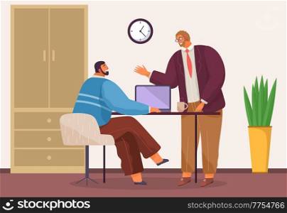 Businessmen dressed in casual clothes are sitting table with laptops and talking colleague. Office workers discussing project. Business meeting and consideration of working moments. Friendly team work. Business meeting and consideration of working moments. Friendly team work, peer discussion