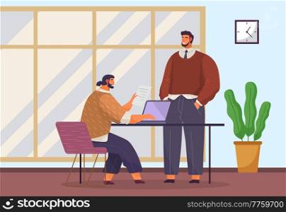Businessmen dressed in casual clothes are sitting table with laptops and talking colleague. Office workers discussing project. Business meeting and consideration of working moments. Friendly team work. Business meeting and consideration of working moments. Friendly team work, peer discussion