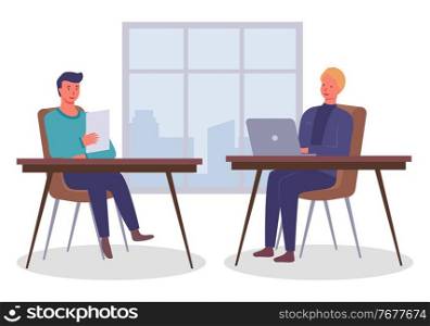 Businessmen dressed in formal clothes are sitting at the table with laptop and talking. Office workers discussing matters. Business meeting and consideration of working issues. Friendly team work. Businessmen dressed in formal clothes are sitting at the table with laptop and document and talking