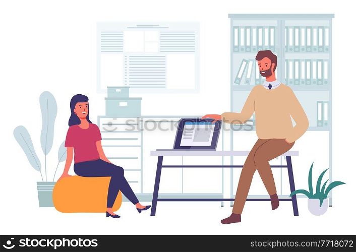 Businessmen dressed in formal clothes are sitting in office room with laptop and talking. Office workers discussing matters. Business meeting and consideration of working issues. Friendly conversation. Businessmen dressed in formal clothes are sitting in office room with laptop and talking