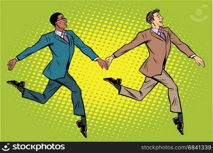 Businessmen elegantly moving, multi-ethnic group. Pop art retro vector illustration. Businessmen elegantly moving, multi-ethnic group