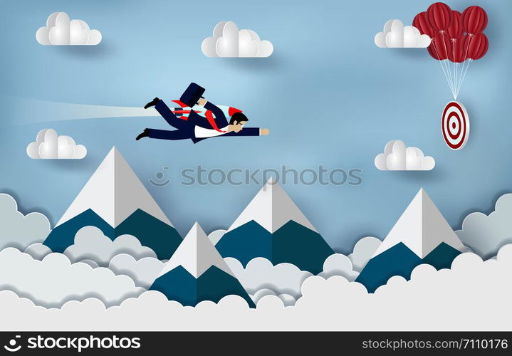 Businessmen flying with rocket engines forward to goal to achieve success. business Concept. Modern ideas creativity. illustration of nature landscape sky with cloud and mountain. paper art