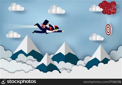 Businessmen flying with rocket engines forward to goal to achieve success. business Concept. Modern ideas creativity. illustration of nature landscape sky with cloud and mountain. paper art