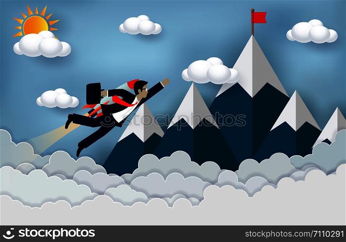 Businessmen flying with rocket engines forward to goal to achieve success. business Concept. Modern ideas creativity. advantage. illustration of nature landscape sky with cloud and mountain. paper art