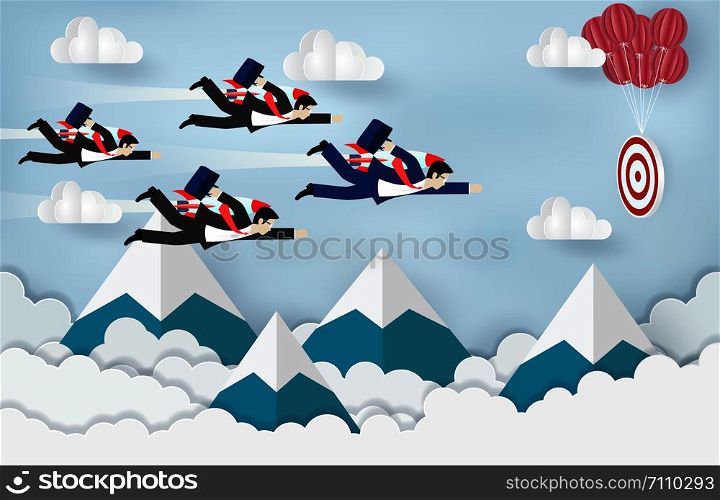Businessmen flying with rocket engines forward to goal to achieve success. business Concept. Modern ideas creativity. illustration of nature landscape sky with cloud and mountain. paper art
