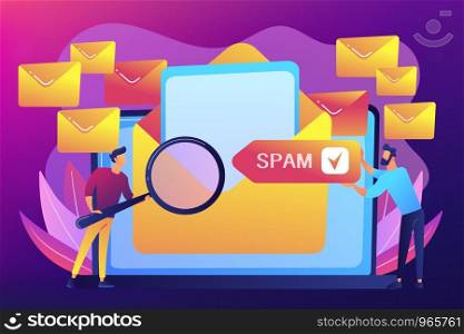Businessmen get advertising, phishing, spreading malware irrelevant unsolicited spam message. Spam, unsolicited messages, malware spreading concept. Bright vibrant violet vector isolated illustration. Spam concept vector illustration.