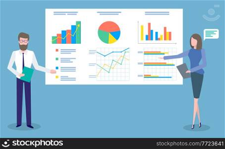 Businessmen give a presentation and show a diagram. Managers present a business plan illustration. Man and woman office workers standing near board and pointing on analytical indicators in report. Businessmen give a presentation and shows a diagram. Managers present a business plan illustration