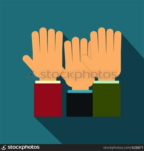 Businessmen hands up icon. Flat illustration of businessmen hands up vector icon for web isolated on baby blue background. Businessmen hands up icon, flat style